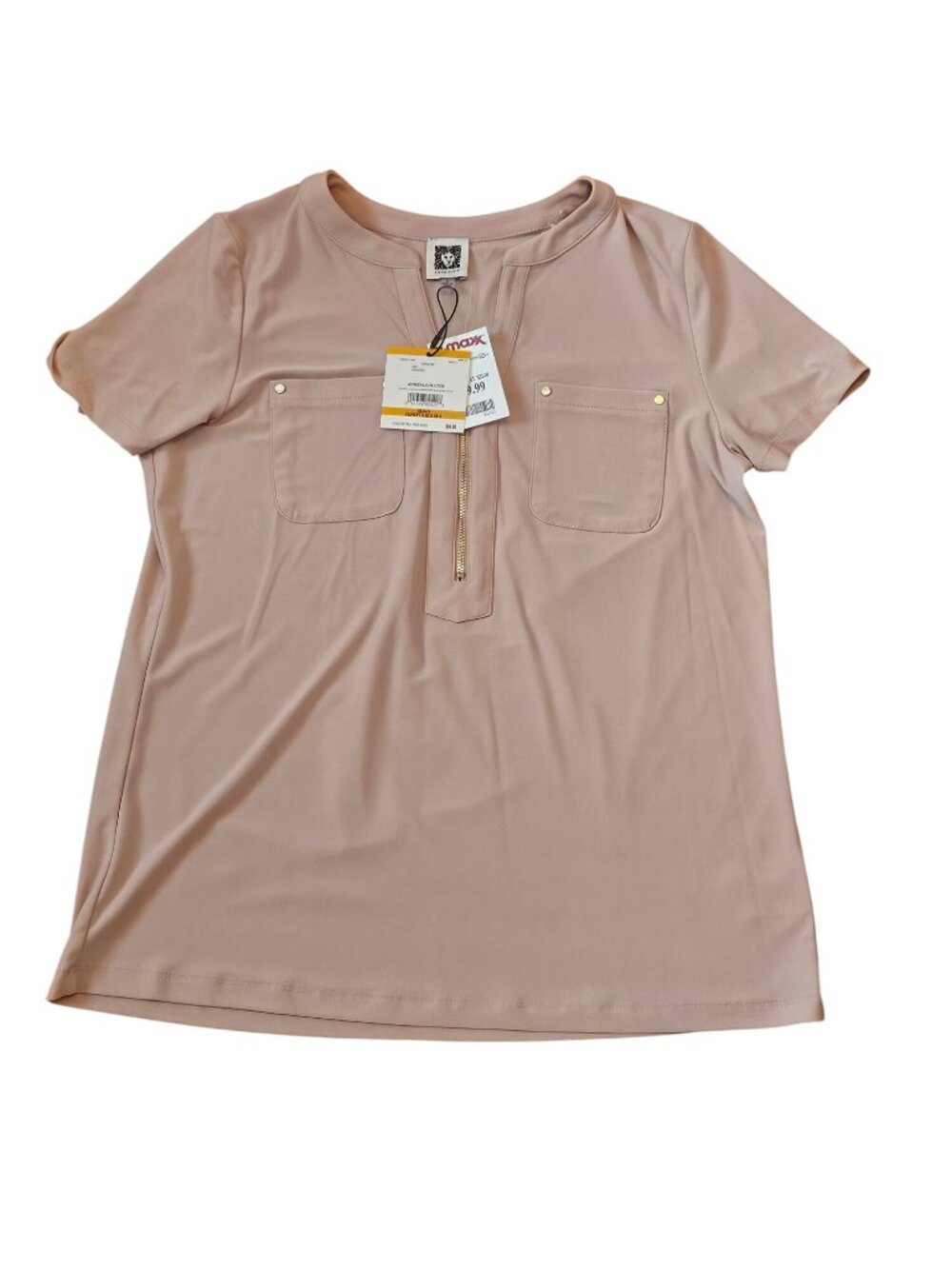 Anne Klein Sandstone Short Sleeve Top With Zipper Front & Pockets Size S